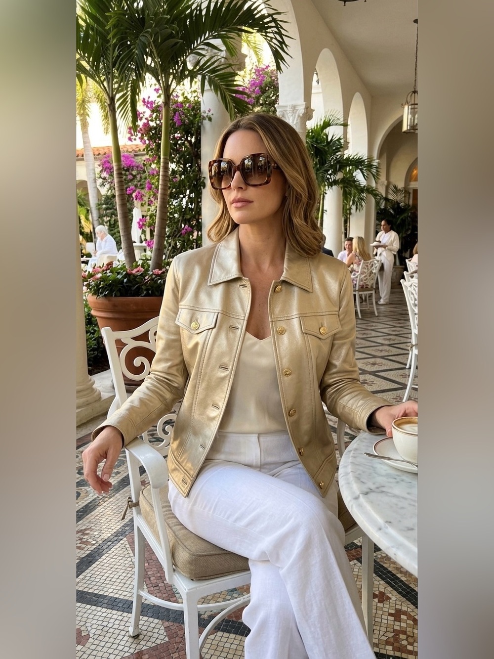 St. John Collection Italian Leather Jacket w/ Side Pockets Gold Buttons – Medium